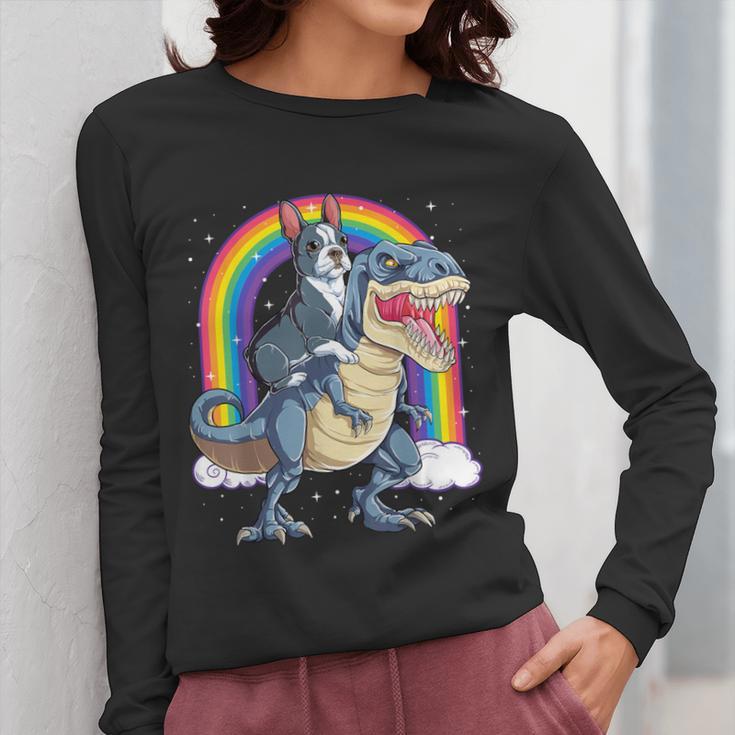 Boston Terrier Riding Dinosaur T-Rex Boys Kids Rainbow Women Long Sleeve T-Shirt, Boston Terrier Riding Gifts, funny design