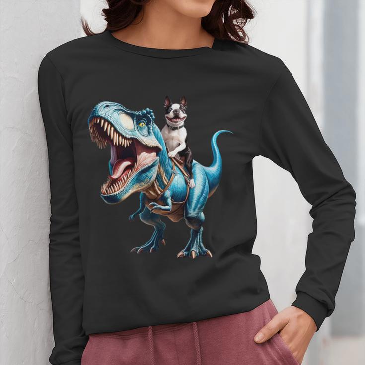 Boston Terrier Riding T-Rex Dinosaur Dog Lover Women Long Sleeve T-Shirt, Boston Terrier Riding Gifts, funny design