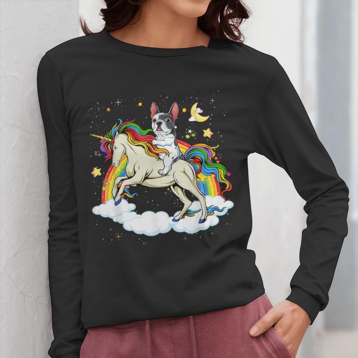 Boston Terrier Riding Unicorn Boys Girls Kids Rainbow Women Long Sleeve T-Shirt, Boston Terrier Riding Gifts, funny design