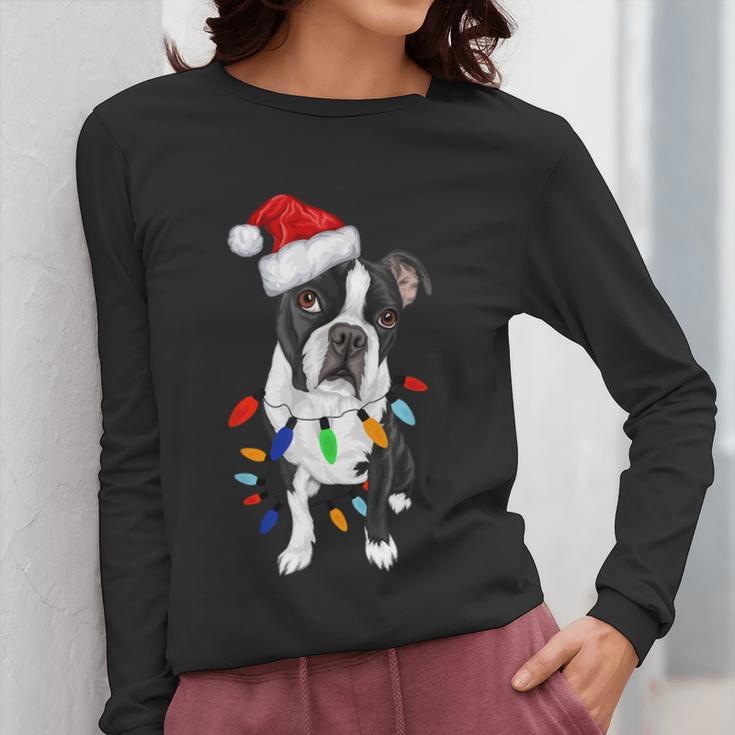 Boston Terrier Santa Christmas Lights Xmas Dog Lover Men Women Kids Women Long Sleeve T-Shirt, Boston Terrier Christmas Gifts, funny design