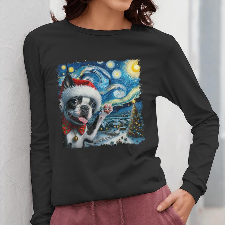 Boston Terrier Santa Starry Night Van Gogh Christmas Dog Men Women Kids Women Long Sleeve T-Shirt, Boston Terrier Christmas Gifts, funny design
