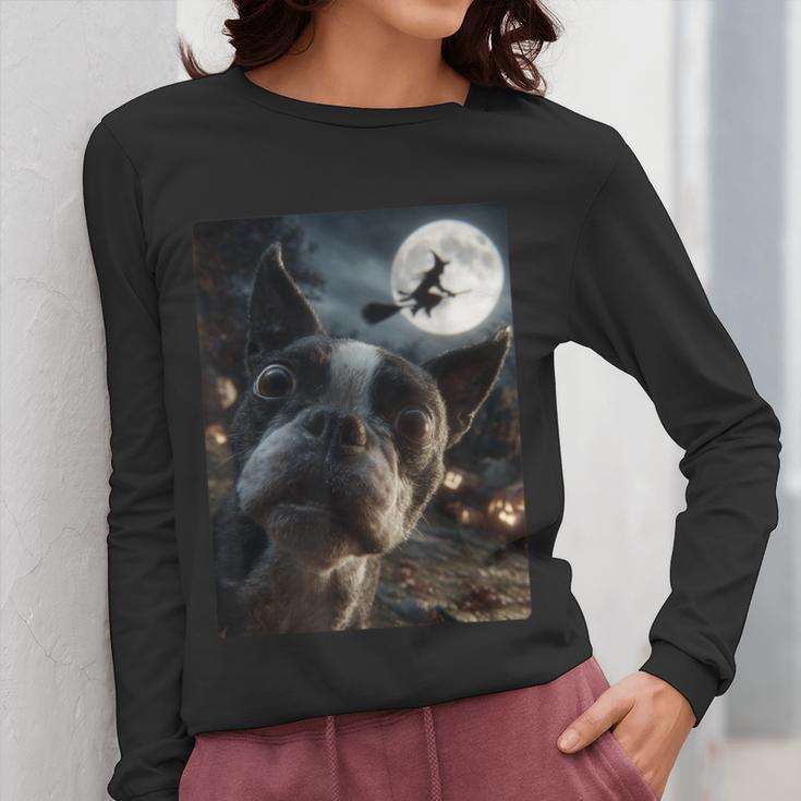 Boston Terrier Selfie Full Moon Flying Witch Halloween Dog Women Long Sleeve T-Shirt, Boston Terrier Halloween Gifts, funny design