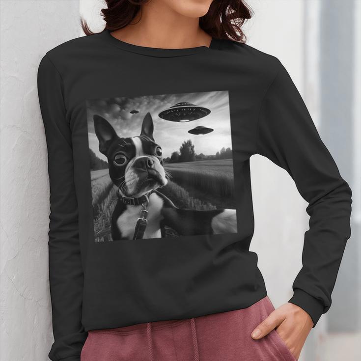 Boston Terrier Graphic Selfie With UFOs Weird Aliens Women Long Sleeve T-Shirt, funny design