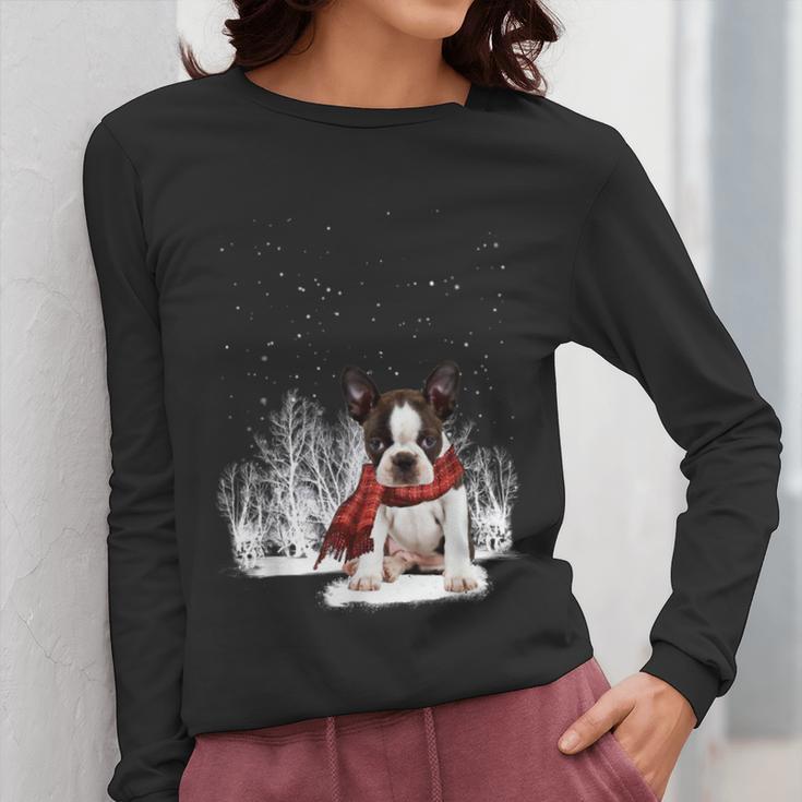Boston Terrier In The Snow Merry Christmas Winter Women Long Sleeve T-Shirt, Boston Terrier Christmas Gifts, funny design