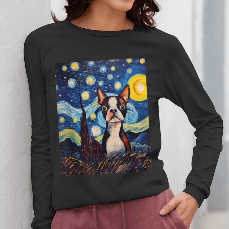 Boston Terrier Starry Night Van Gogh Art Women Long Sleeve T-Shirt, funny design