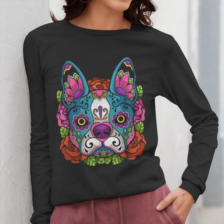 Boston Terrier Sugar Skull Dog Day Of The Dead Women Long Sleeve T-Shirt, funny design