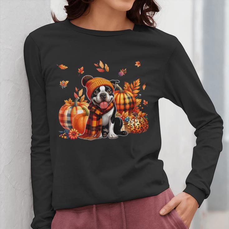 Boston Terrier Thanksgiving Leopard Pumpkins Fall Leaves Women Long Sleeve T-Shirt, Boston Terrier Thanksgiving Gifts, funny design
