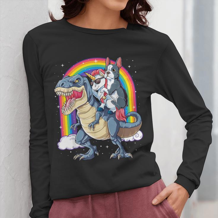 Boston Terrier Unicorn Riding Dinosaur T-Rex Girls Rainbow Women Long Sleeve T-Shirt, Boston Terrier Riding Gifts, funny design