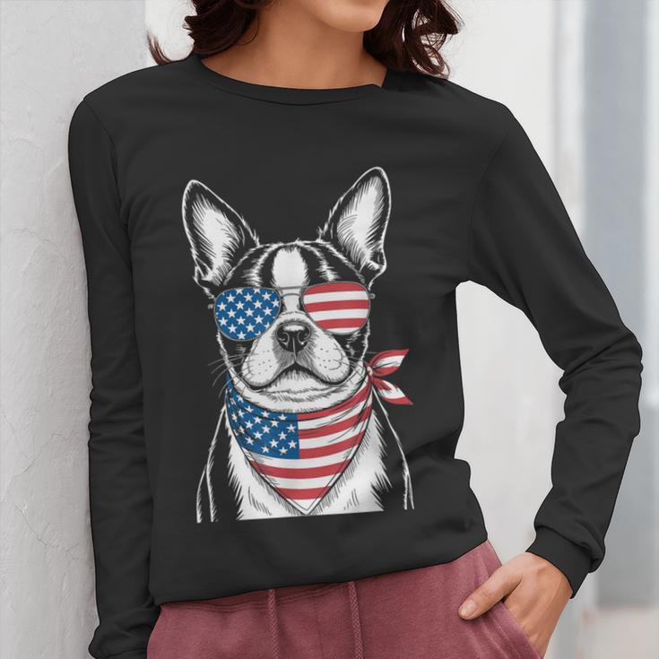 Boston Terrier USA Flag Sunglasses Patriotic 4th Of July Women Long Sleeve T-Shirt, Patriotic Boston Terrier Gifts, Boston Terrier 4th Of July Gifts, funny design
