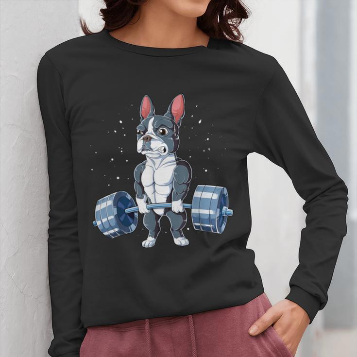 Boston Terrier Weightlifting Deadlift Men Fitness Gym Women Long Sleeve T-Shirt, Boston Terrier Gym Gifts, funny design