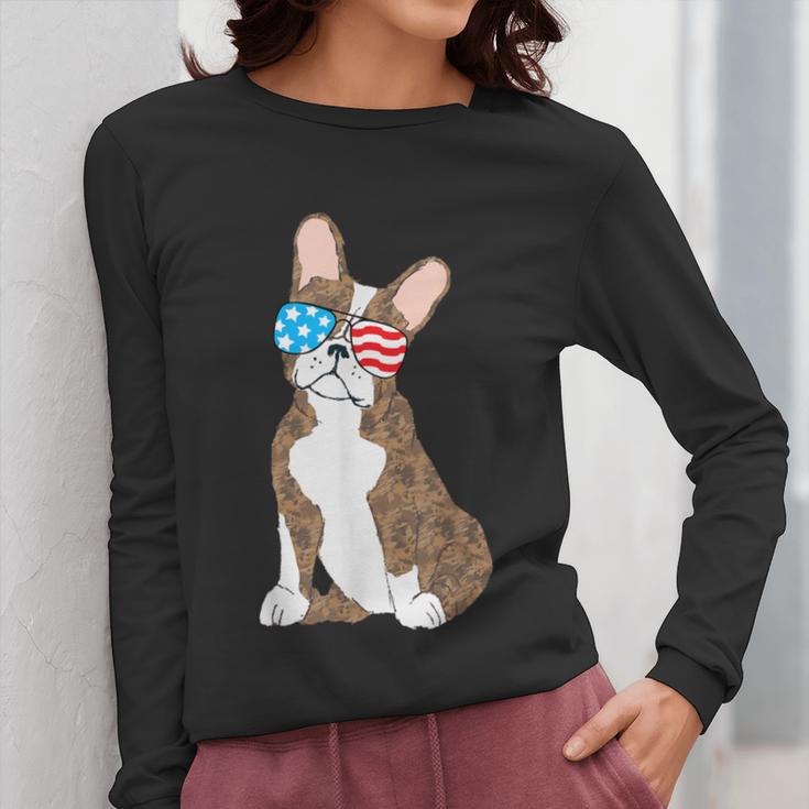 Brindle Boston Terrier Dog Patriotic Shirt USA Flag Women Long Sleeve T-Shirt, Patriotic Boston Terrier Gifts, funny design
