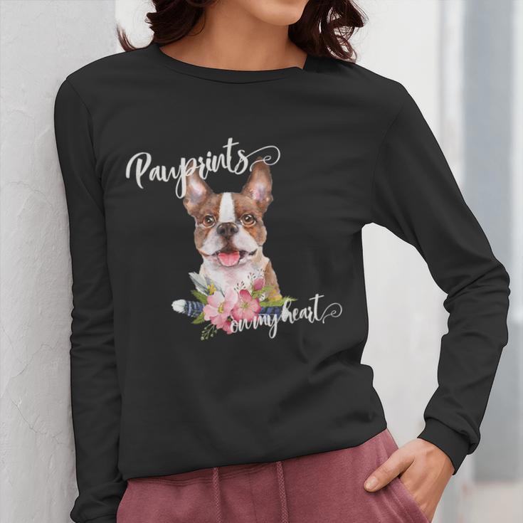 Brown Boston Terrier With Flowers And Feathers Women Long Sleeve T-Shirt, funny design