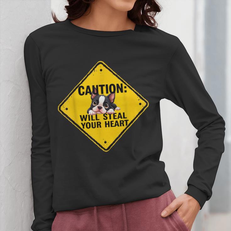 Caution Sign Boston Terrier Dog Bostie Puppy Women Long Sleeve T-Shirt, funny design