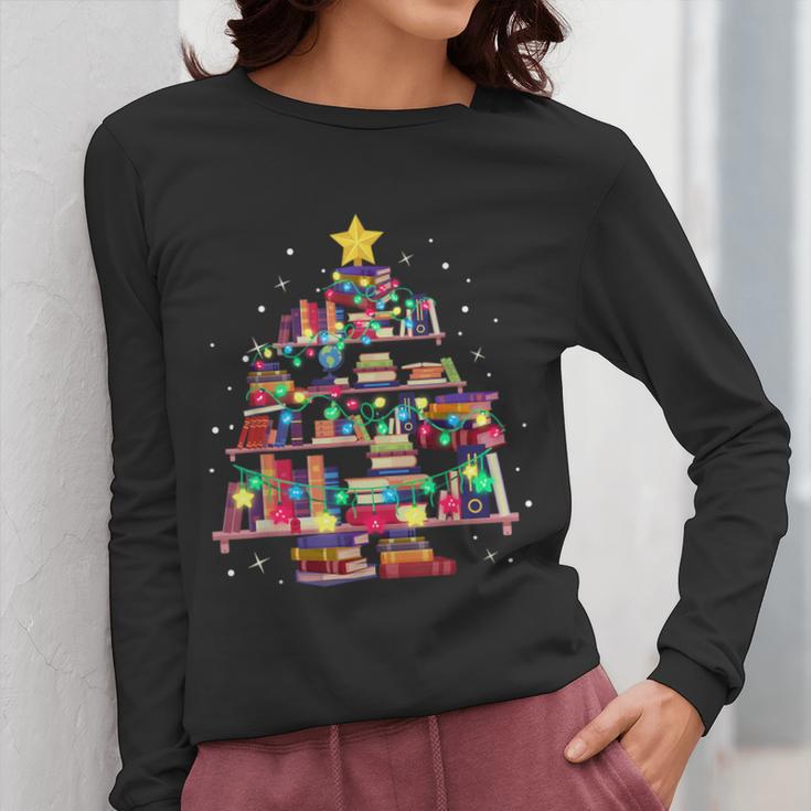 Christmas Library Tree Love Reading Books Nerd Teacher Women Long Sleeve T-Shirt, funny design