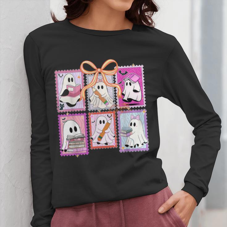 Coquette Bow Spooky Teacher Ghost Halloween Trick Or Teach Women Long Sleeve T-Shirt, funny design Coquette Bow Spooky Teacher Ghost Halloween Trick Or Teach Women Long Sleeve T-Shirt, funny design
