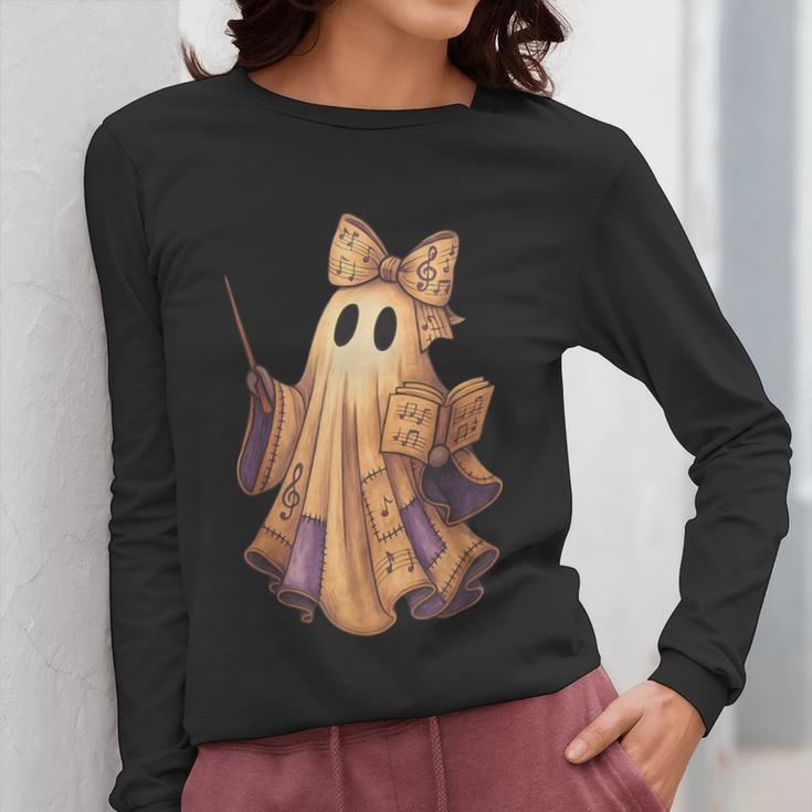 Coquette Music Note Patchwork Ghost Music Teacher Halloween Women Long Sleeve T-Shirt, funny design