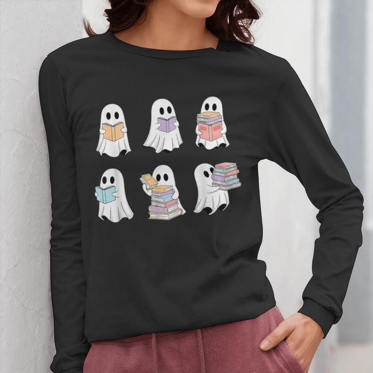 Cute Boo Ghost Reading Books Halloween Librarian Teacher Kid Women Long Sleeve T-Shirt, funny design