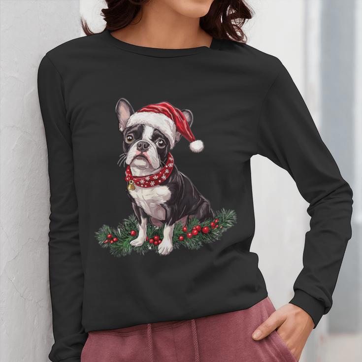 Cute Boston Terrier Dog Christmas Merry X-Mas Graphic Women Long Sleeve T-Shirt, Boston Terrier Christmas Gifts, funny design
