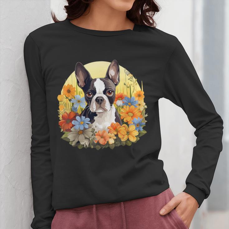 Cute Boston Terrier Spring Flower Garden Colorful Puppy Dog Women Long Sleeve T-Shirt, funny design