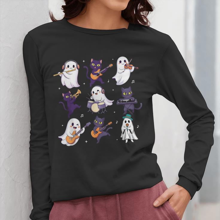 Cute Ghost Cat Playing Musical Halloween Music Teacher Women Long Sleeve T-Shirt, funny design Cute Ghost Cat Playing Musical Halloween Music Teacher Women Long Sleeve T-Shirt, funny design