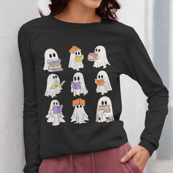 Cute Ghost Reading Books Teacher Halloween Reading Men Women Kids Women Long Sleeve T-Shirt, funny design