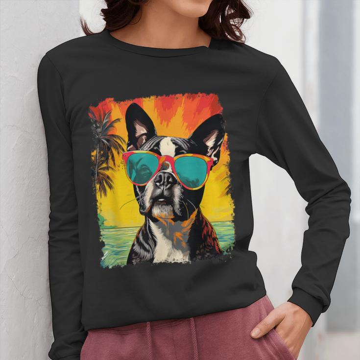 Dog Boston Terrier Hawaiian Women Long Sleeve T-Shirt, funny design