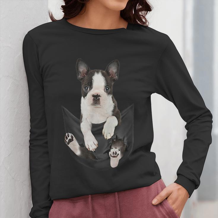 Dog Lovers Boston Terrier In Pocket Dog Face For Men Women Kids Women Long Sleeve T-Shirt, funny design