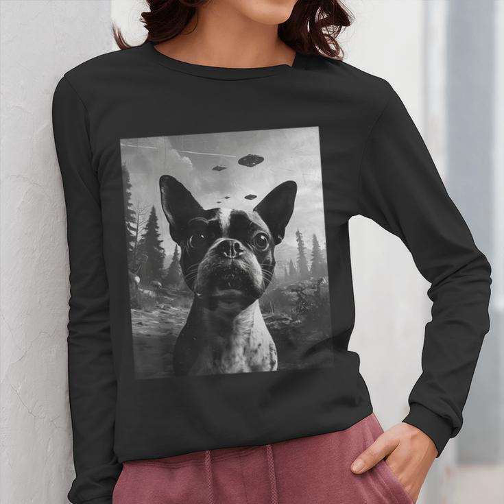 Dog Mom Dad Alien Selfie Boston Terrier UFO For Men Women Women Long Sleeve T-Shirt, Couple Gifts, Mom Gifts, Boston Terrier Dad Gifts, Boston Terrier Mom Gifts, funny design