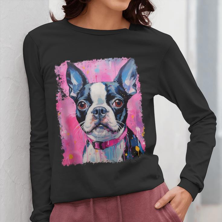 Dog Pink Boston Terrier Women Long Sleeve T-Shirt, funny design