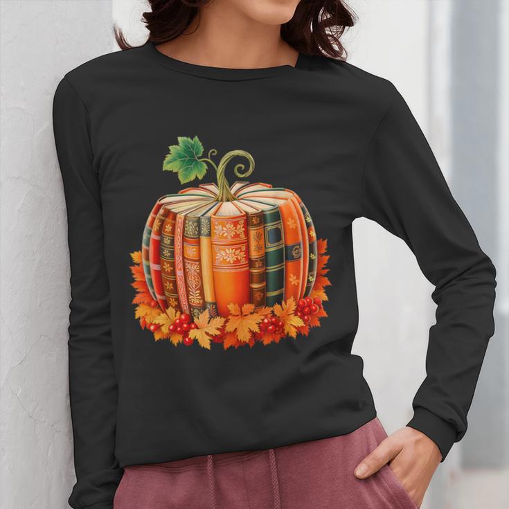 Fall Book Autumn Reading Teacher Halloween Pumpkin Season Women Long Sleeve T-Shirt, funny design