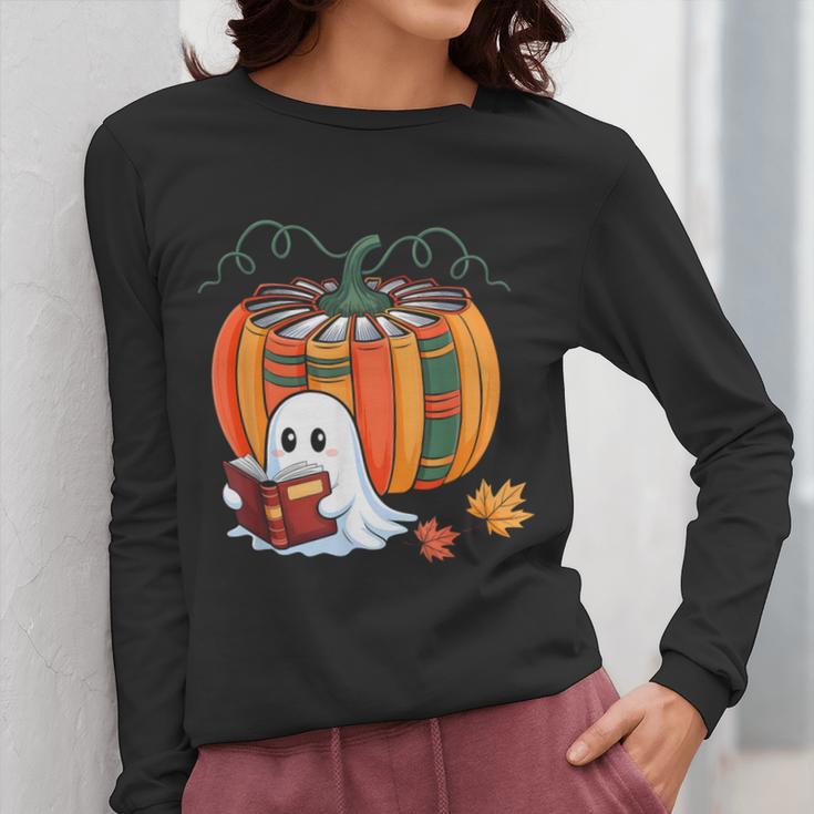 Fall Book Pumpkin Ghost Reading Books Halloween Teacher Women Long Sleeve T-Shirt, funny design