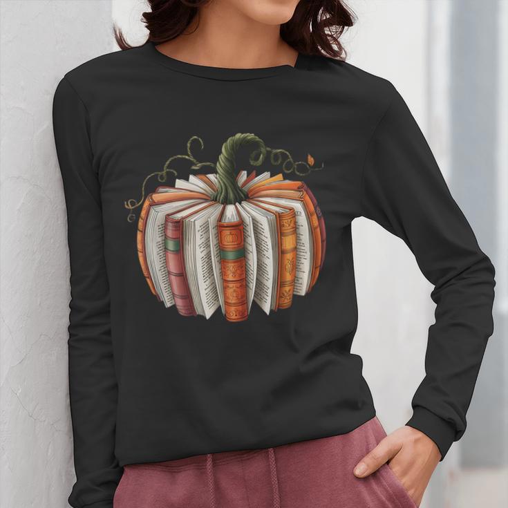 Fall Book Pumpkin Retro Reading Halloween Teacher Librarian Women Long Sleeve T-Shirt, funny design