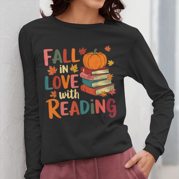 Fall In Love With Reading Autumn Thanksgiving Shirt Teacher Women Long Sleeve T-Shirt, funny design
