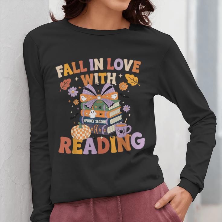 Fall In Love With Reading Halloween Stack Of Book Teacher Women Long Sleeve T-Shirt, funny design