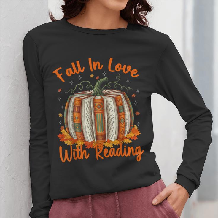 Fall In Love With Reading Pumpkin Autumn Librarians Teacher Women Long Sleeve T-Shirt, funny design