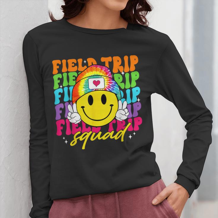 Field Trip Squad Groovy Field Day Smile Face Teacher Tie Dye Women Long Sleeve T-Shirt, Groovy Teacher Gifts, funny design