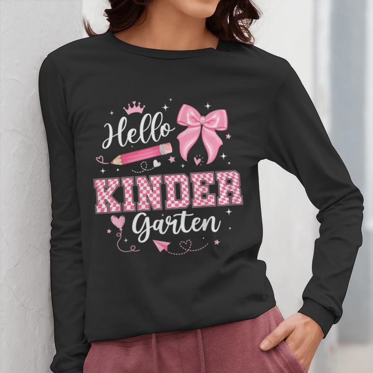 First Day Of School Teacher Girl Coquette Hello Kindergarten Women Long Sleeve T-Shirt, funny design First Day Of School Teacher Girl Coquette Hello Kindergarten Women Long Sleeve T-Shirt, funny design