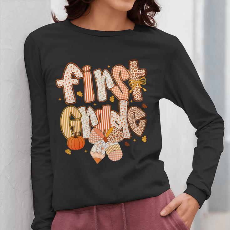 First Grade Fall Floral Coquette Bow Teachers Students Women Long Sleeve T-Shirt, First Grade Teacher Gifts, funny design First Grade Fall Floral Coquette Bow Teachers Students Women Long Sleeve T-Shirt, First Grade Teacher Gifts, funny design