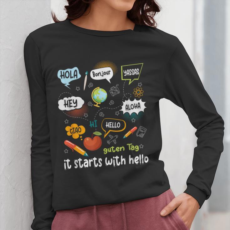 Friendship Inclusion Language Teacher It Starts With Hello Women Long Sleeve T-Shirt, funny design Friendship Inclusion Language Teacher It Starts With Hello Women Long Sleeve T-Shirt, funny design