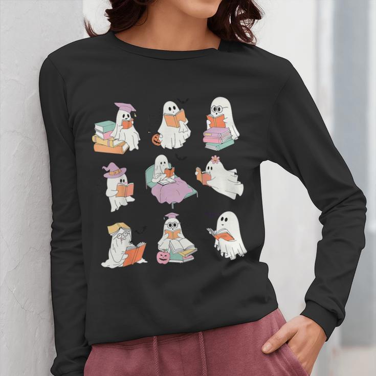 Ghost Book Reading Halloween Books Lover Teacher Kids Women Long Sleeve T-Shirt, funny design