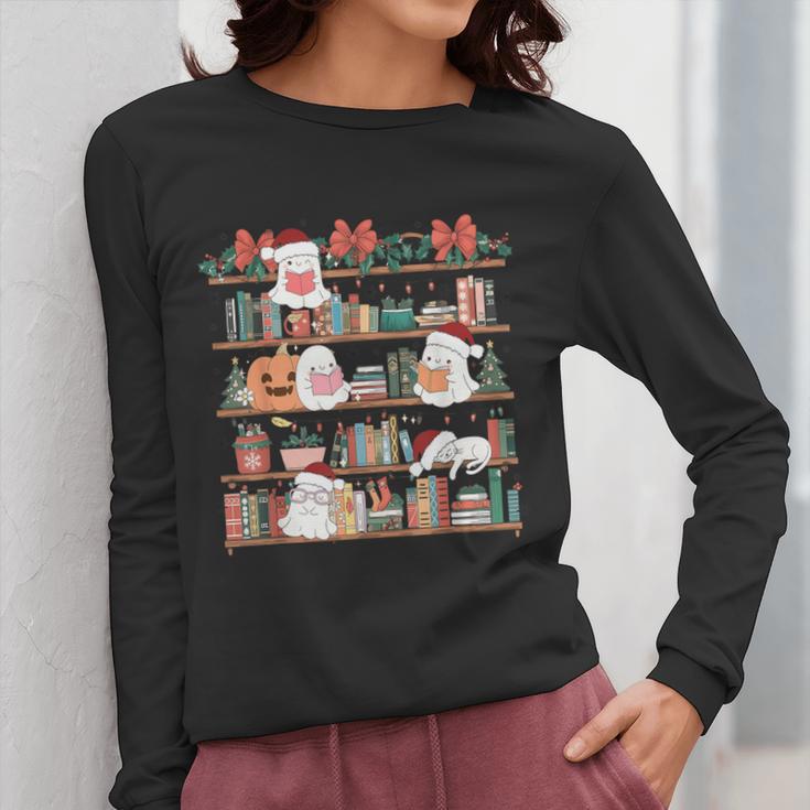 Ghost Christmas Reading Book Lover Library Christmas Teacher Women Long Sleeve T-Shirt, funny design