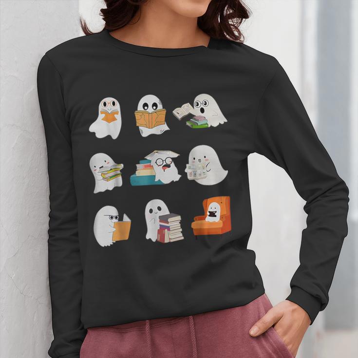 Ghost Reading Teacher Halloween Librarian Book Lover School Women Long Sleeve T-Shirt, funny design