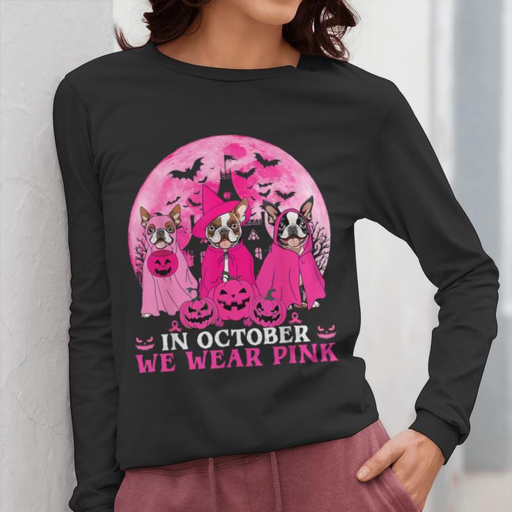 Ghost And Witch Boston Terrier Dog In October We Wear Pink Women Long Sleeve T-Shirt, Boston Terrier Ghost Gifts, funny design