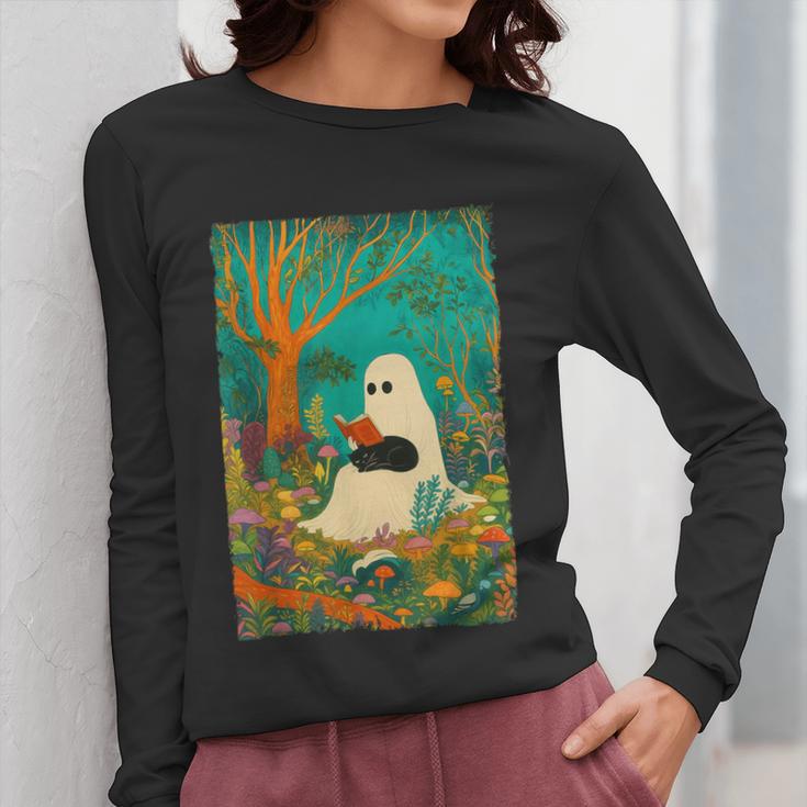 Groovy Ghost Reading Book Cat Halloween Ghost Teacher Women Long Sleeve T-Shirt, Groovy Teacher Gifts, funny design Groovy Ghost Reading Book Cat Halloween Ghost Teacher Women Long Sleeve T-Shirt, Groovy Teacher Gifts, funny design