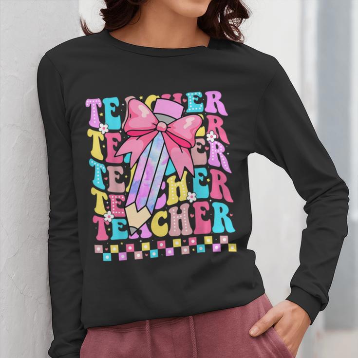 Groovy Teacher Cute Coquette Bow Flower Retro Back To School Women Long Sleeve T-Shirt, Groovy Teacher Gifts, funny design Groovy Teacher Cute Coquette Bow Flower Retro Back To School Women Long Sleeve T-Shirt, Groovy Teacher Gifts, funny design