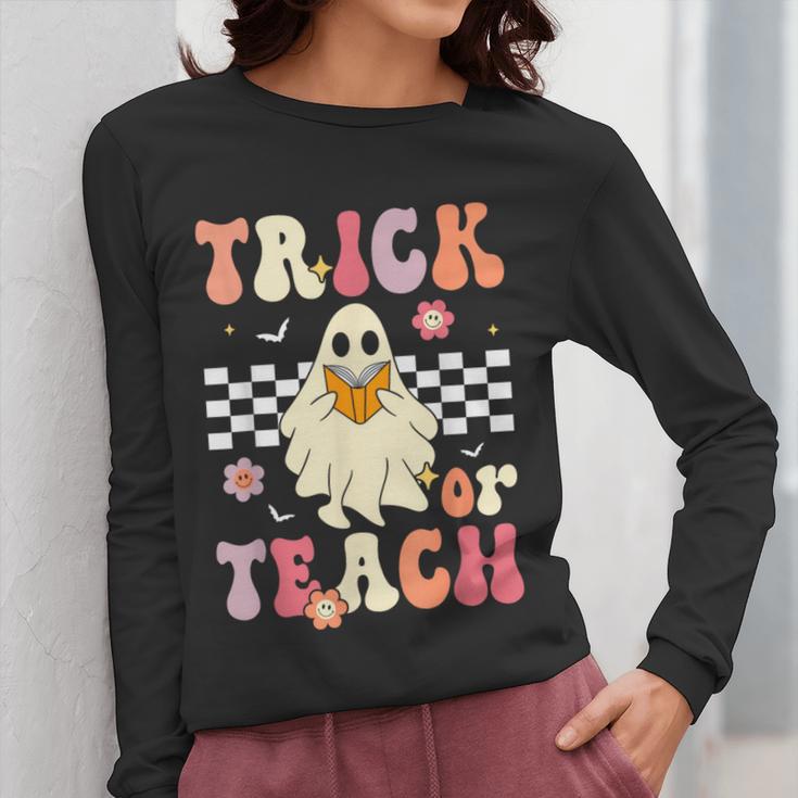 Groovy Teacher Halloween Retro Trick Or Teach Floral Ghost Women Long Sleeve T-Shirt, Groovy Teacher Gifts, funny design