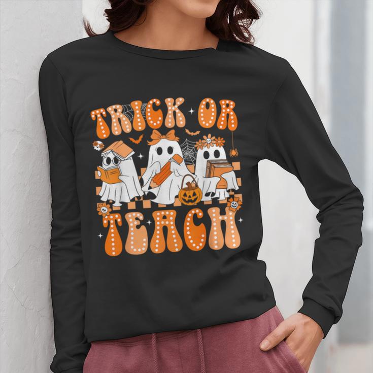 Groovy Teacher Halloween Trick Or Teach Ghost Men Women Kids Women Long Sleeve T-Shirt, Groovy Teacher Gifts, funny design