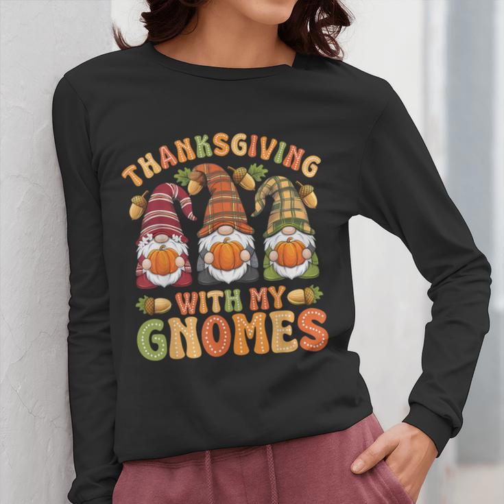 Groovy Thanksgiving With My Gnomie Women Teacher Fall Gnome Women Long Sleeve T-Shirt, Groovy Teacher Gifts, funny design