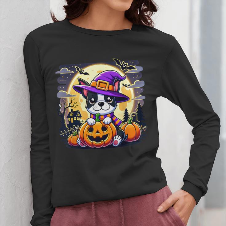 Halloween Boston Terrier Dog Breed With Jack O' Lantern Art Women Long Sleeve T-Shirt, Boston Terrier Halloween Gifts, funny design