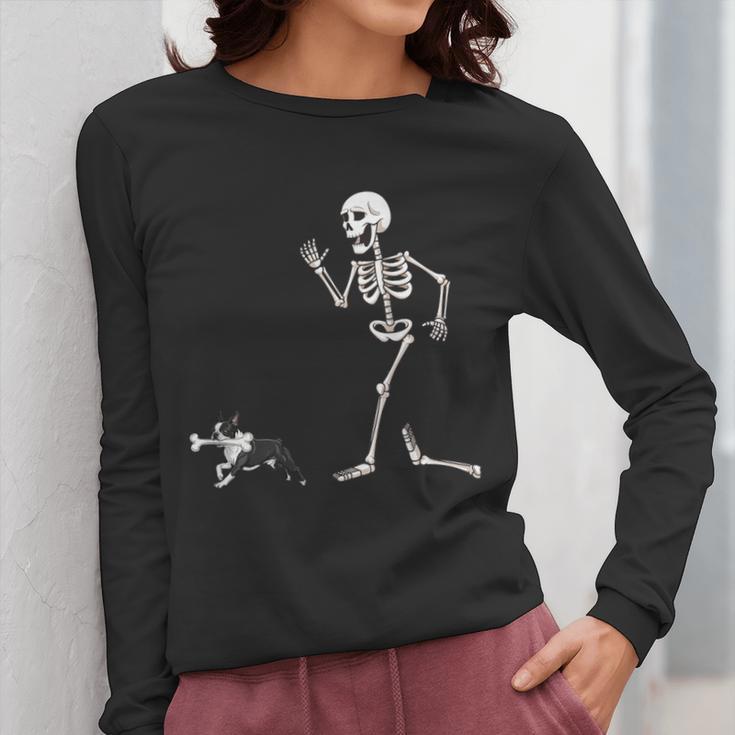 Halloween Boston Terrier And Skeleton Women Long Sleeve T-Shirt, Boston Terrier Halloween Gifts, funny design
